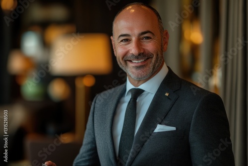 Portrait of a smiling man in a dark suit, possibly a business executive or hotel manager, in a luxurious setting.