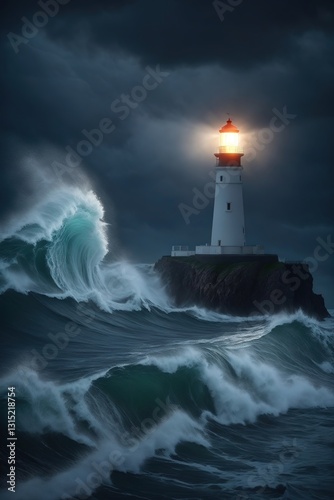 A lighthouse on the shore of a stormy sea in cloudy weather in the evening