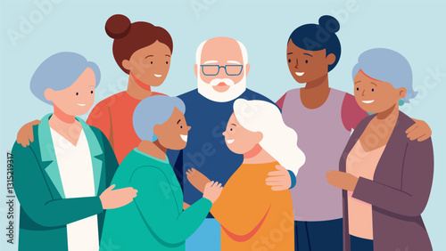 A support group for elderly individuals who have lost a loved one coming together to share memories and offer solace.. Vector illustration
