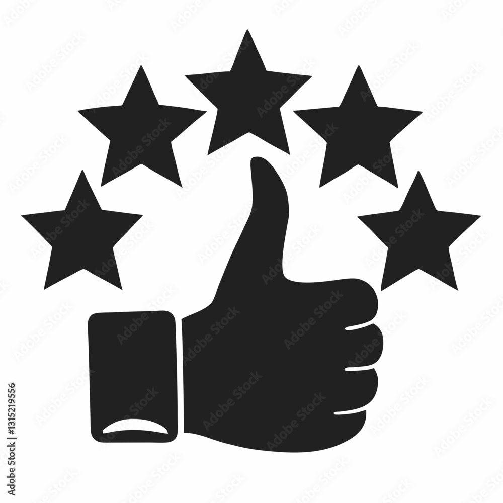 Thumbs-up gesture encircled by five stars in black and white. Simple iconic design suggests highest quality or approval rating. Clean professional style suitable for interfaces. Concept review systems Thumbs-up gesture encircled by five stars in black and white. Simple iconic design suggests highest quality or approval rating. Clean professional style suitable for interfaces. Concept review systems