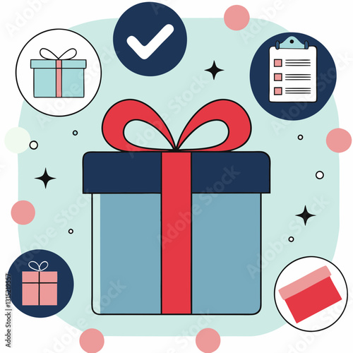 Red-ribboned gift box centered among present icons and completion checklist. Flat design uses pastel colors and clean lines. Perfect for holiday shopping organization. Concept: gift registry, holiday 