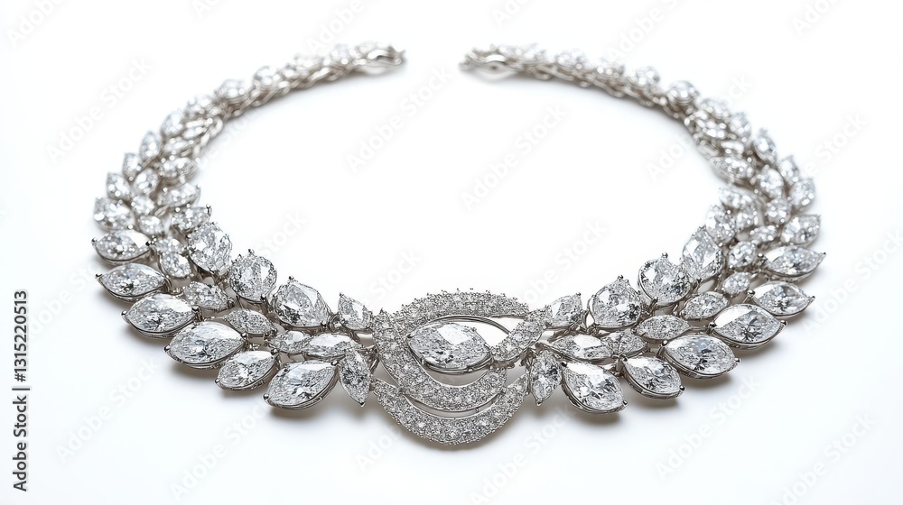 A close-up of a diamond-studded necklace with a modern design on a white isolated background A close-up of a diamond-studded necklace with a modern design on a white isolated background