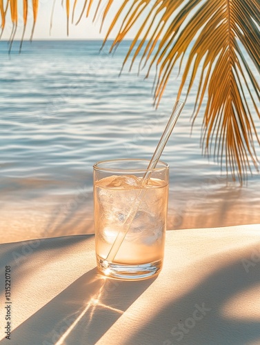 Cool drink on the beach: glass with drink on the background of the sea and palm leaves photo