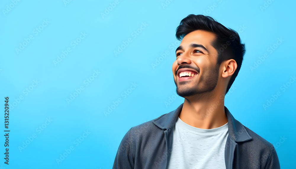 Fototapeta premium Adult hispanic man over isolated background looking away to side with smile on face, natural expression. Laughing confident, flat design. with white shades