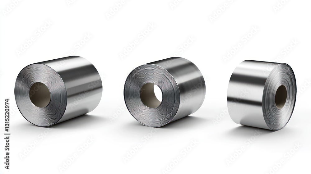 Three rolls of shiny metallic steel coils on white background. Three rolls of shiny metallic steel coils on white background.