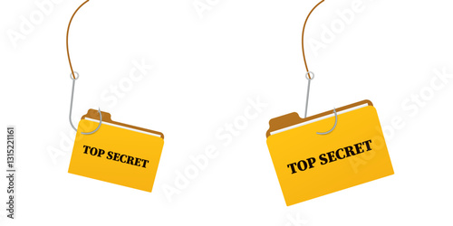 Yellow top secret folders are attached to fishing hooks, highlighting the concept of phishing scams.