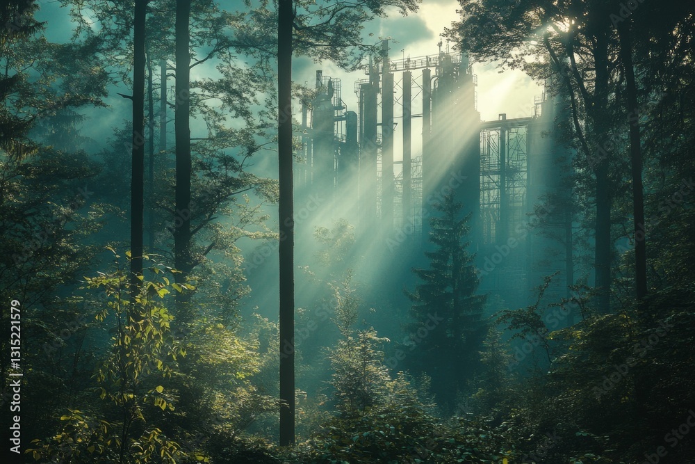 Mysterious light rays pierce through a dense forest, highlighting industrial ruins. The enchanting atmosphere evokes a sense of serenity and exploration. Mysterious light rays pierce through a dense forest, highlighting industrial ruins. The enchanting atmosphere evokes a sense of serenity and exploration.