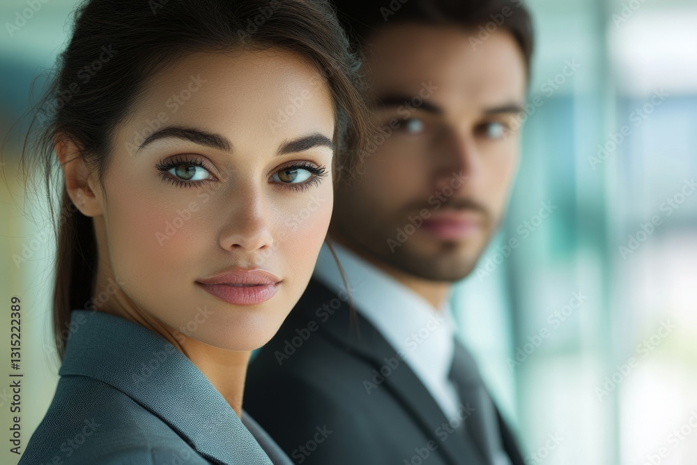 Confident business professionals, woman in focus, showcasing ambition and success in corporate world. Confident business professionals, woman in focus, showcasing ambition and success in corporate world.