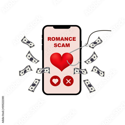 Smartphone screen shows romance scam message with heart icon and hook symbol, illustrating fraud.