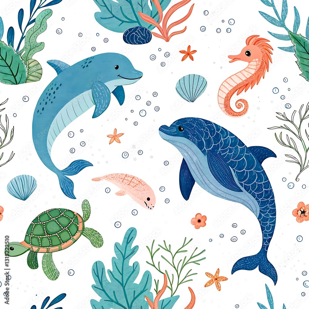 Adorable ocean animals seamless pattern dolphins sea turtle seahorse underwater illustration art fun Adorable ocean animals seamless pattern dolphins sea turtle seahorse underwater illustration art fun