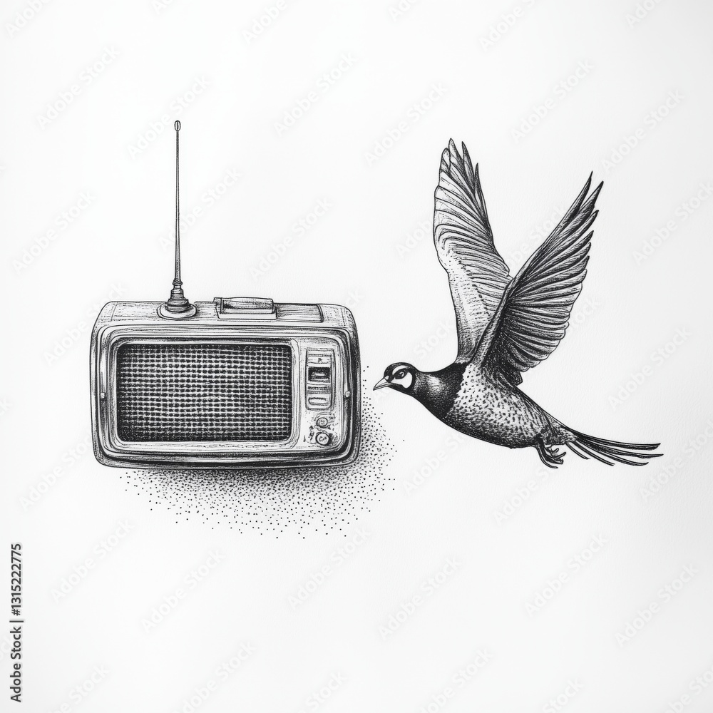Obraz premium Flying bird beside a vintage radio showcasing a blend of nature and technology