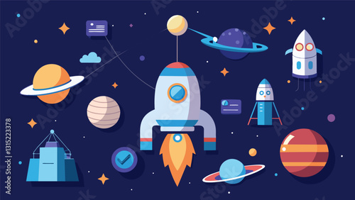 The process of designing a spacecraft taking into account specific data points to ensure a successful mission.. Vector illustration