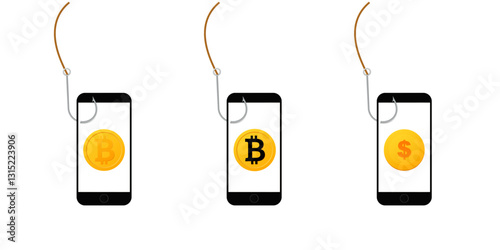 Three smartphones show hooked coins: bitcoin, cryptocurrency, and dollar symbols indicating risk.