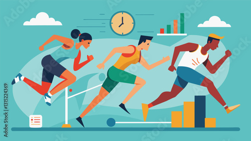 The athletes are not just competing against each other but also against the clock as realtime sports analytics capture and analyze their speed endurance and accuracy.. Vector illustration