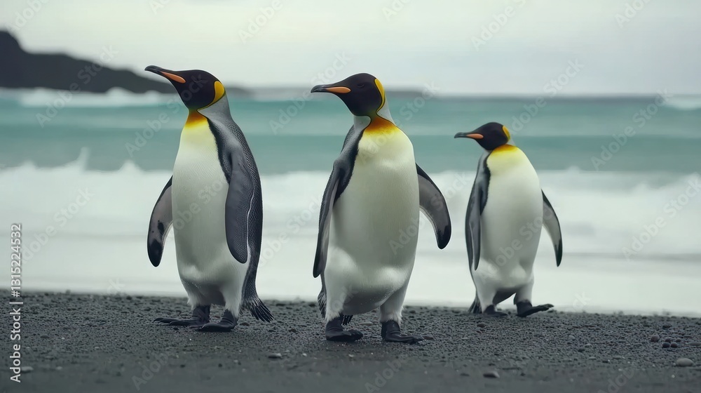 Fototapeta premium Majestic King Penguins Stroll on Antarctic Beach