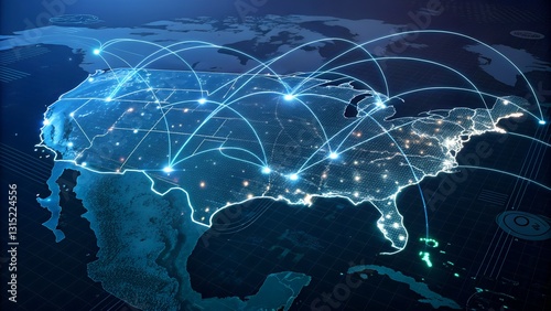 An illustrative representation of the United States of America overlaid with a network of glowing lines connecting various points.
