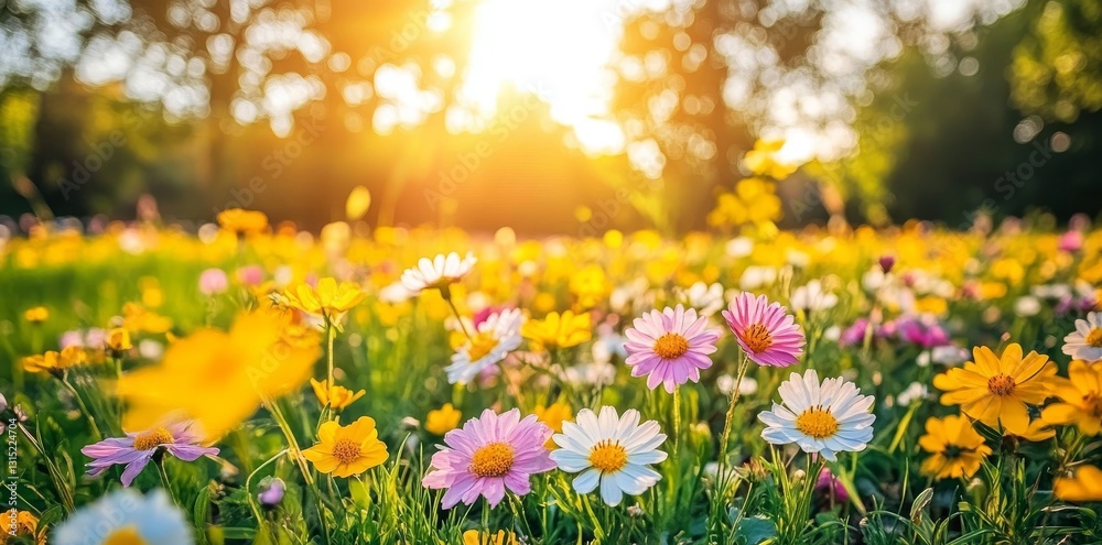 Obraz premium A stunning spring meadow adorned with grass and flowers under a sunny sky, perfect for banners, spring-themed designs, nature projects, backgrounds, greeting cards, and floral marketing materials