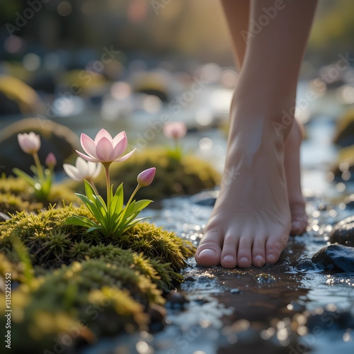 A delicate scene of bare feet on mossy ground surrounded by blooming flowers, flowing water, and soft sunlight