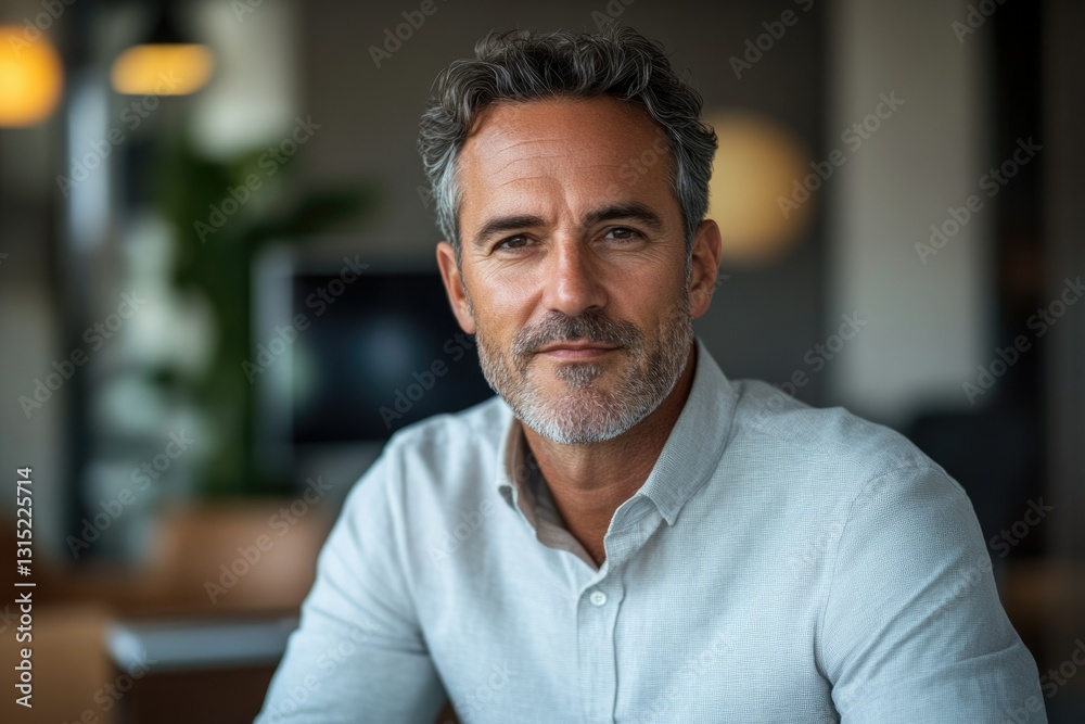 Obraz premium Confident mature man with graying hair, wearing a light gray shirt, in a blurred office background.