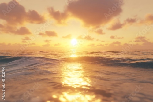 Beautiful Orange Sunset Over Calm Ocean Waves and Soft Clouds