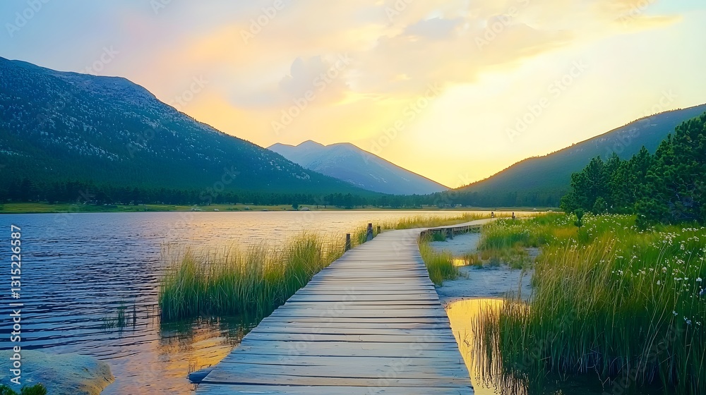 Obraz premium Serene Sunset Over Mountain Lake During Golden Hour in Soft Light