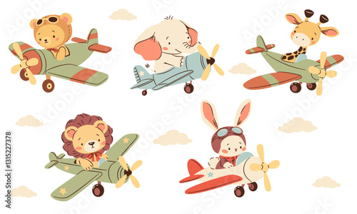 A set of flat vector illustrations in a simple children's style. Cute animals flying on airplanes. Bear elephant lion cub giraffe and hare pilots . Vector illustration