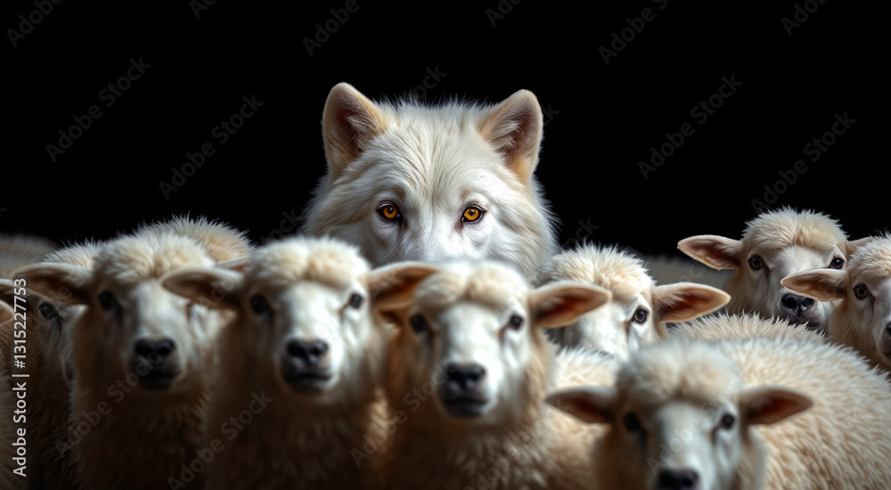 Fototapeta premium A white wolf blends in with a flock of sheep, creating a striking visual contrast. The wolf's piercing gaze adds a mysterious and dramatic element to the scene.
