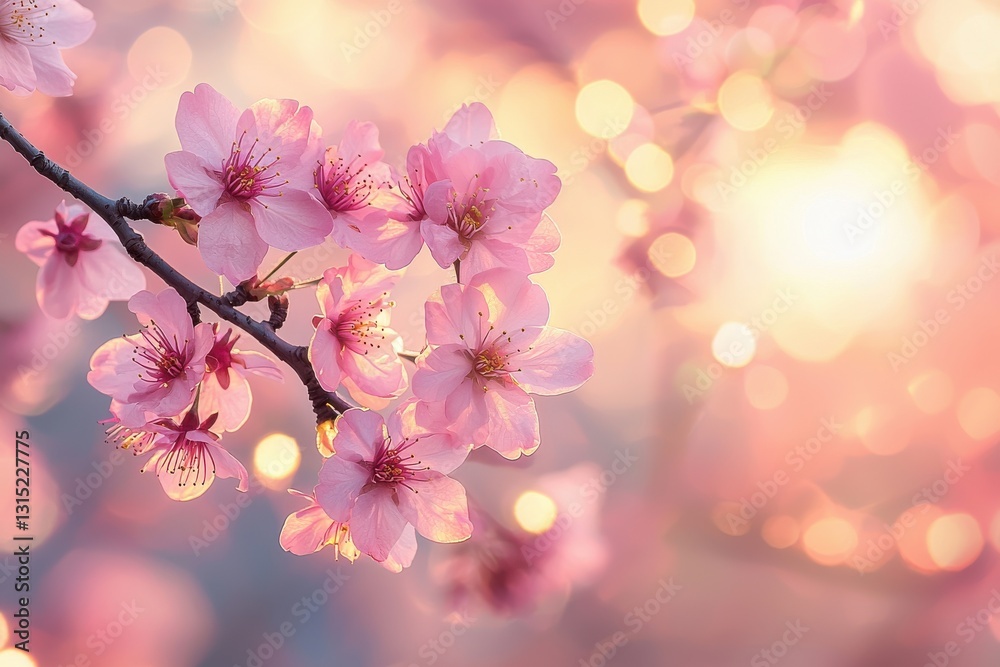 Naklejka premium Captivating cherry blossoms basking in peaceful morning light