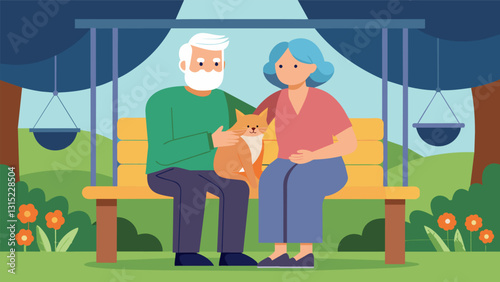 An elderly couple sit on their front porch swing their cat curled up in the womans lap as they share stories and reminisce about old times.. Vector illustration