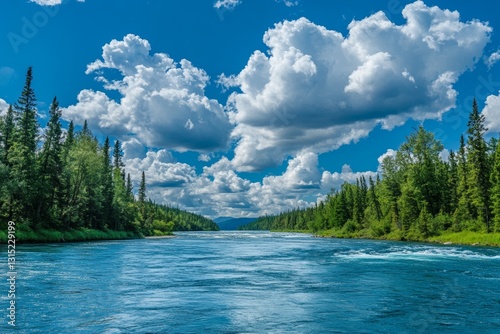 A serene river flows through a lush forest under a bright blue sky filled with fluffy clouds. This tranquil vista captures the beauty of nature, perfect for relaxation.
