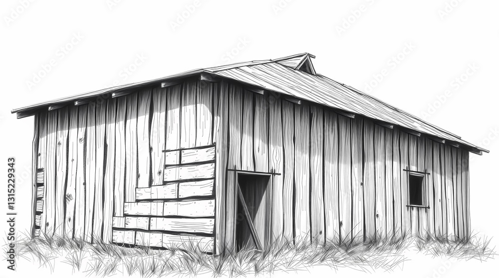 Obraz premium Rustic Farm Structure: A vintage wooden farm structure, rendered in detailed grayscale, hints at a history of rural life and hard work. A nostalgic tribute to a bygone era