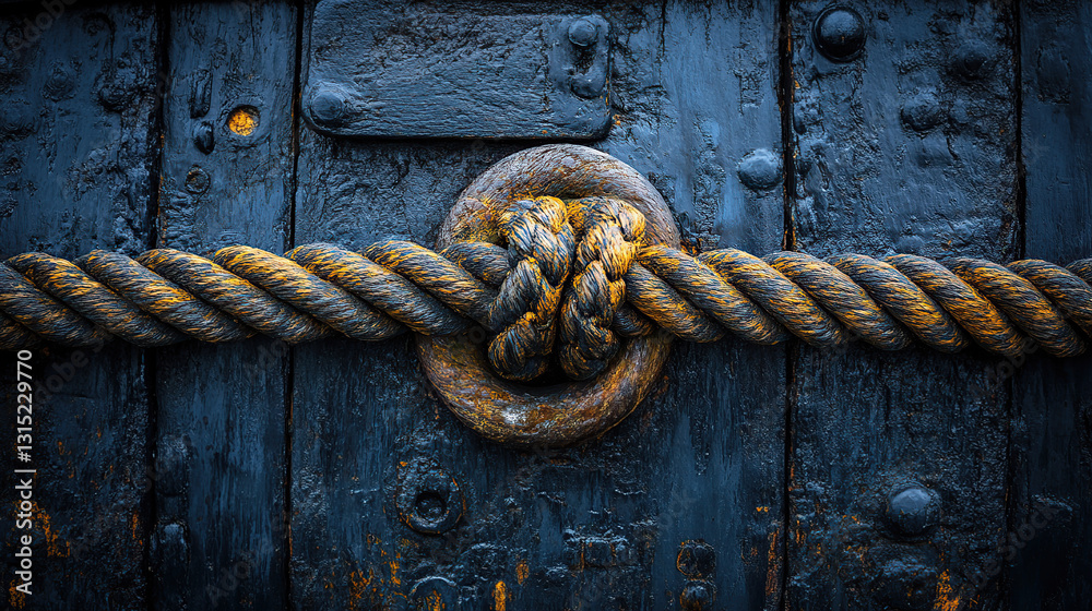 Aged rope secured to dark wooden planks Aged rope secured to dark wooden planks