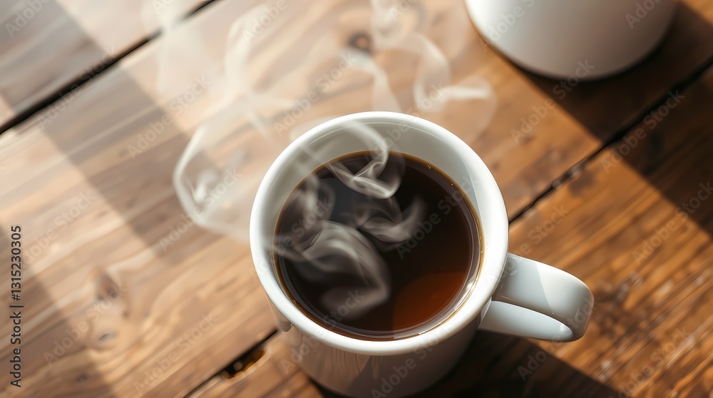 Obraz premium Steaming Cup of Coffee: A close-up of a freshly brewed cup of coffee with steam rising, sitting on a rustic wooden table, capturing the warmth and aroma
