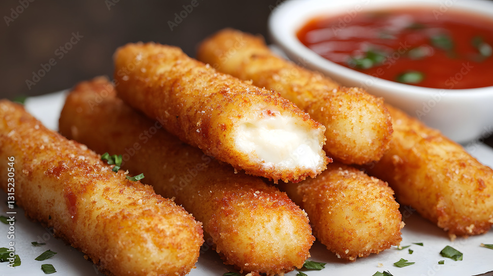 Golden mozzarella sticks served as a delicious appetizer for an Italian dinner, paired with a tangy marinara sauce to complement the cheesy flavor. Golden mozzarella sticks served as a delicious appetizer for an Italian dinner, paired with a tangy marinara sauce to complement the cheesy flavor.