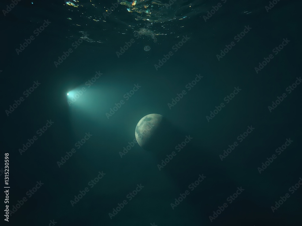 Fototapeta premium Underwater interrogation light beam illuminates submerged object, ocean, evidence, coral