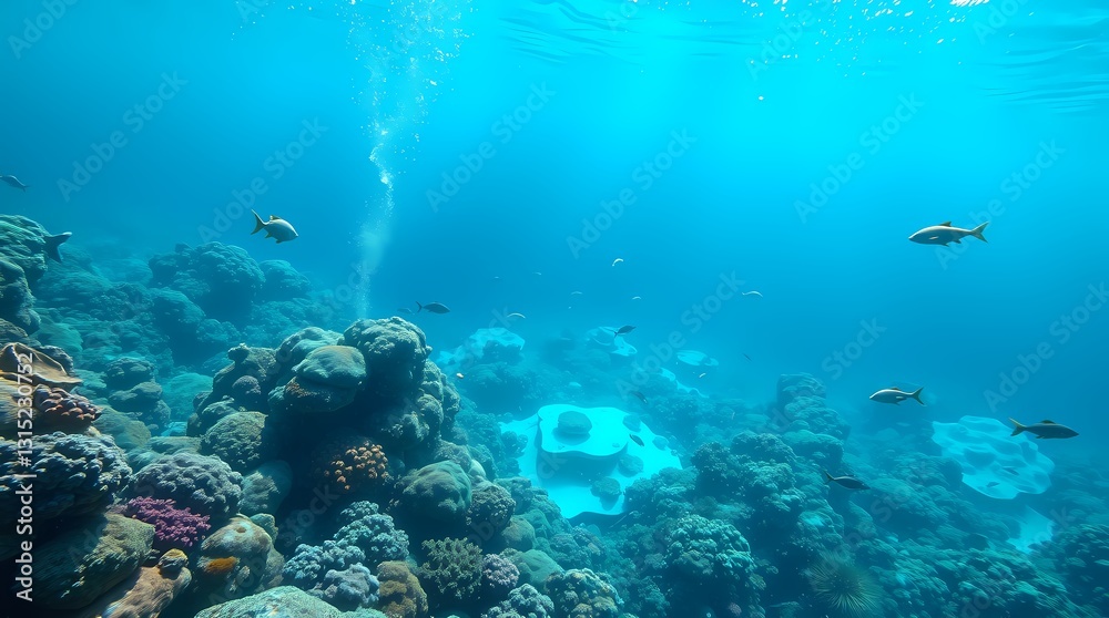 Fototapeta premium Underwater Paradise: Capturing the vivid life of underwater coral reef, including diverse fish and plant life, under the crystal-clear ocean waters.