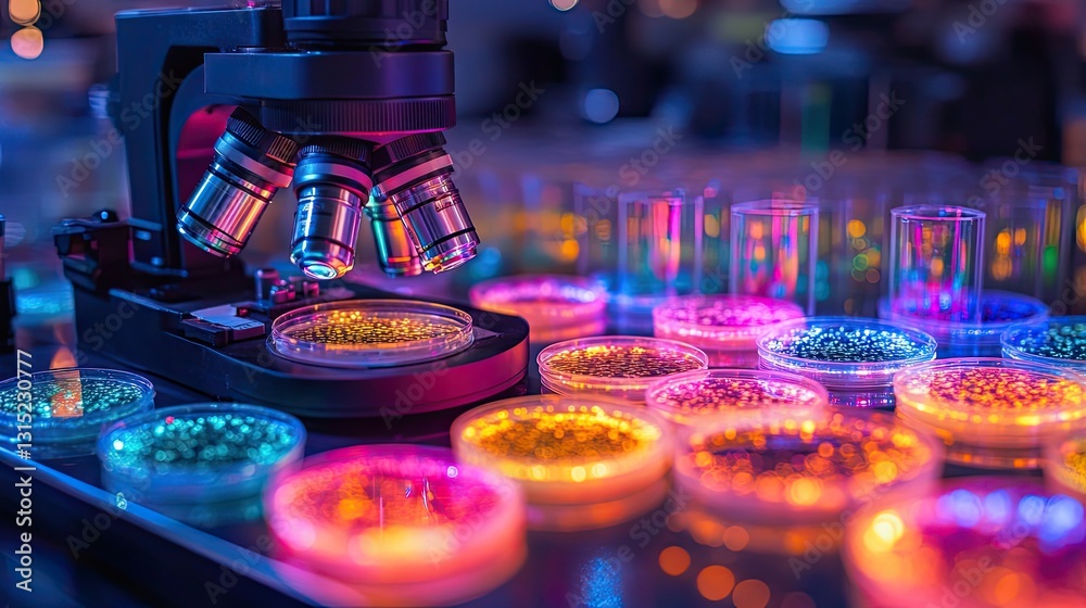 Illuminated microscope surrounded by petri dishes in a vibrant lab setting, recognizing contributions to microbiology. Illuminated microscope surrounded by petri dishes in a vibrant lab setting, recognizing contributions to microbiology.