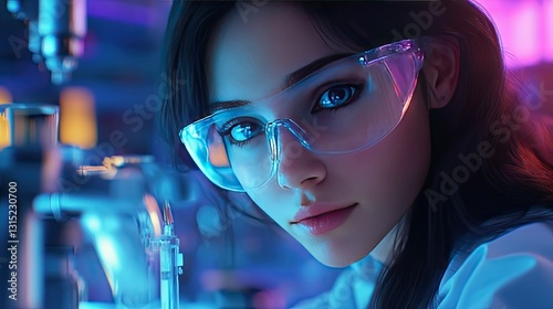 Hopeful female scientist in a close-up with lab equipment, promoting equality in STEM.