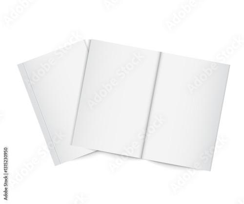 Vector mockup of two thin books with insulated paperback. Gray vertical template of a magazine, brochure or booklet open and closed on white background. 3d illustration for your design. Vector
