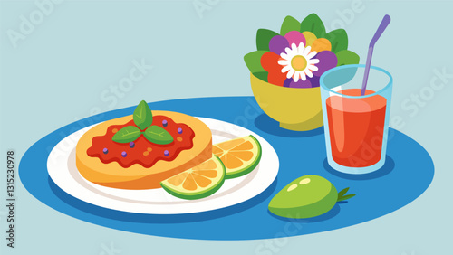 The y kick of salsa on top of crunchy tostadas washed down with a refreshing floraltasting Agua de Jamaica.. Vector illustration