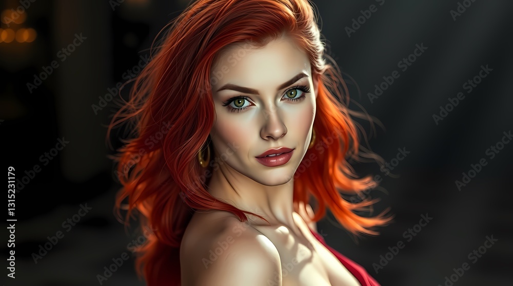 Naklejka premium Radiant Beauty: A captivating portrait of a woman with vibrant red hair and striking features, bathed in soft light