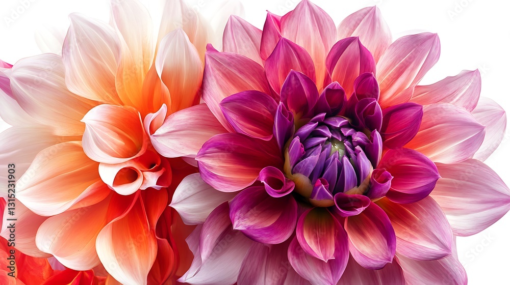 Realistic close-up of a mixed bouquet of dahlias, with a focus on a single, richly colored bloom, white background Realistic close-up of a mixed bouquet of dahlias, with a focus on a single, richly colored bloom, white background