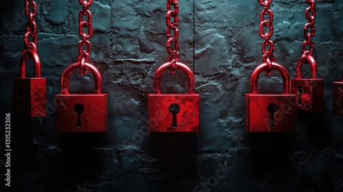 Vivid red padlocks suspended on chains against a dark textured background, symbolizing security and data protection