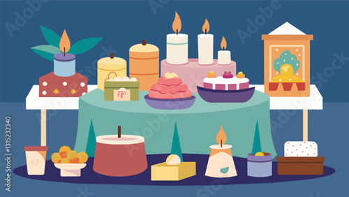 A table overflowing with handmade candles soaps and other artisanal items made by seniors sold at the Senior Arts and Crafts Fair to support local senior care facilities.. Vector illustration