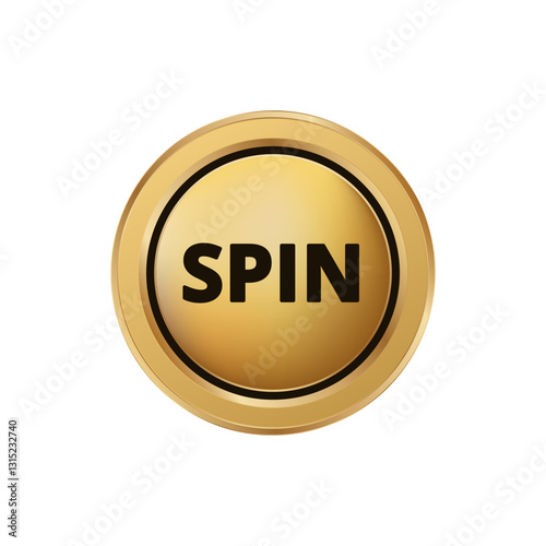 Round golden button with the word spin in bold black letters, perfect for gaming interfaces.
