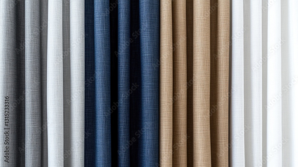 Fototapeta premium Brightly lit display featuring a variety of curtain fabrics with geometric and floral patterns in blue, gray, and brown tones