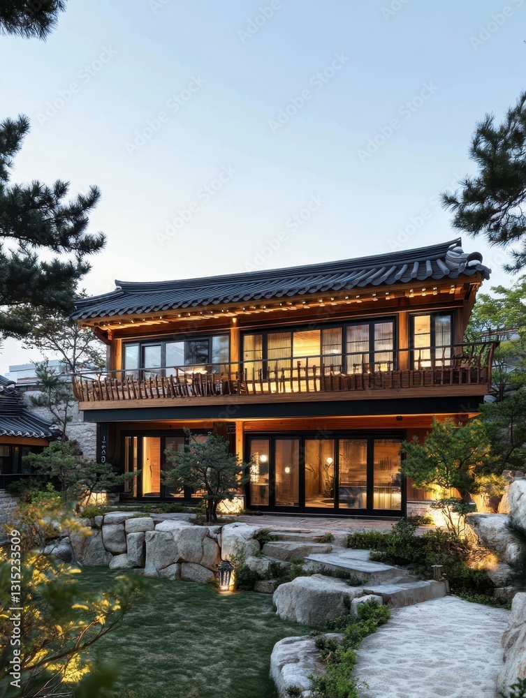 A modern home with a traditional Korean roof design A modern home with a traditional Korean roof design