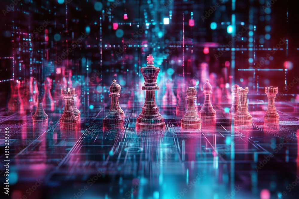Obraz premium Colorful Digital Chessboard with Glowing Pieces Reflecting in a High-Tech Virtual Environment
