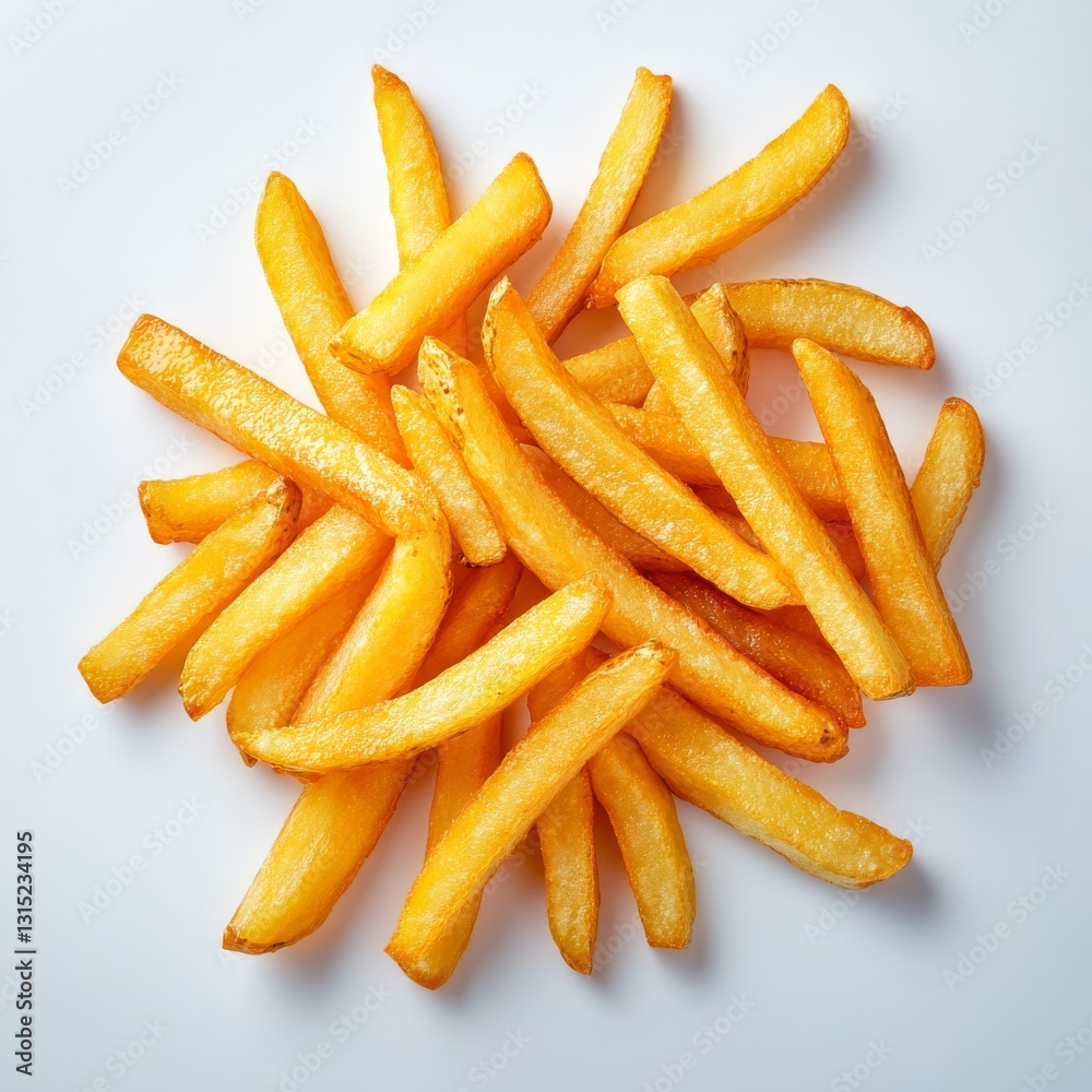 Newly prepared French fries, isolated on a white background, ideal for culinary and food photography in various projects and advertisements Newly prepared French fries, isolated on a white background, ideal for culinary and food photography in various projects and advertisements