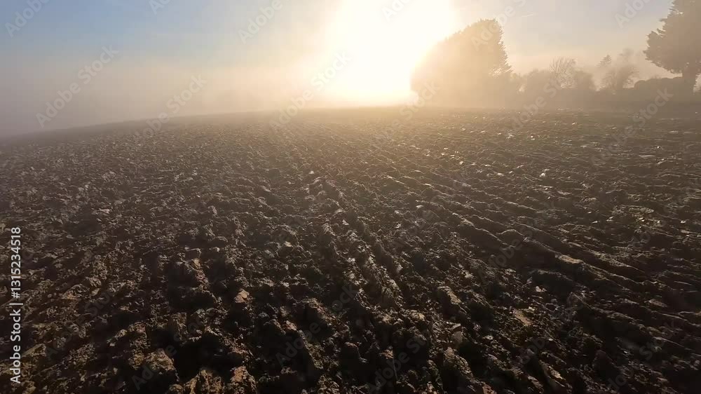 Crépuscule et brume de campagne, prise de vue drone aérienne en rase motte